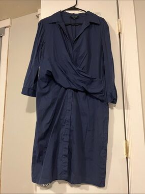 Lafayette 148 New York Navy Wrap-Front Midi Shirt Dress